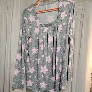 Anyally Grey Pajama Top with Pink Stars | Size Large